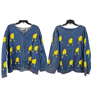 Carrie Allen Blue Denim Yellow Chicks Button Front Vintage Jacket Shacket XL